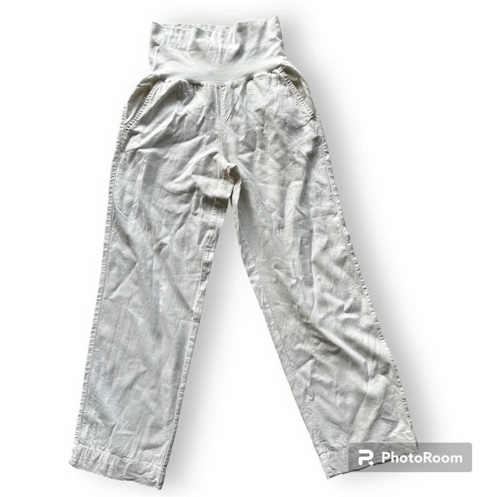 Maternity white Linen wide leg pants size 6 fold over waistband Beach Summer - Picture 5 of 6
